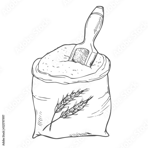 Sack with whole flour or sugar with scoop. Hand drawn sketch style. Vintage black vector engraving illustration for label, web, flayer bakery shop. Isolated on white background.