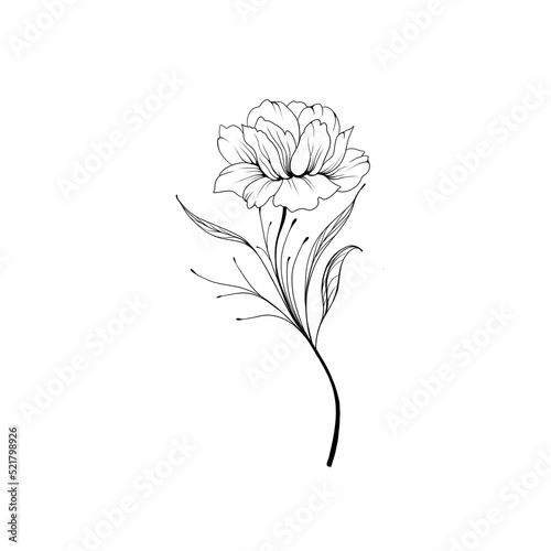 Beautiful sketch of a tattoo - a delicate twig with flowers . Flowers Periwin...