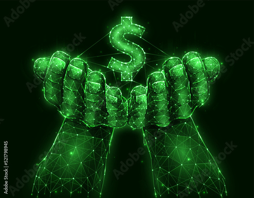 Hands holding dollar symbol polygonal vector illustration on dark background. Concept of investing or saving money. Business and finance template, banner or background.