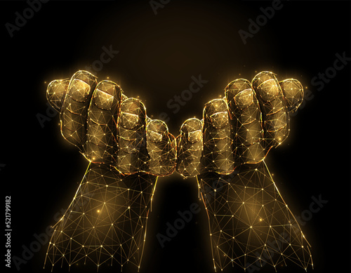 Open hands palms raised up, hand gesture abstract vector illustration on a dark background. Hands holding or giving something. Pray or begging concept artwork.