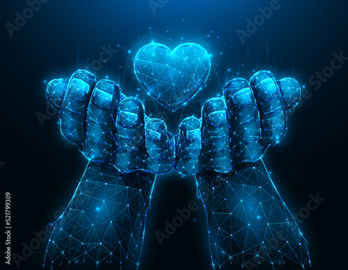 Hands holding heart symbol polygonal vector illustration on dark blue background. Love or charity concept, giving love artwork. Heart transplant, organ donation concept low poly design.
