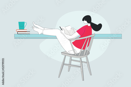 Happy and relaxed woman sitting on chair and reading book flat illustration concept.   