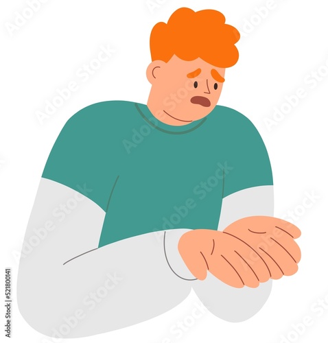 Disappointed sad man with upset unhappy face regretting. Desperate person is sorry for failure, making excuses. Disappointment emotion. Flat graphic  illustration isolated on white background