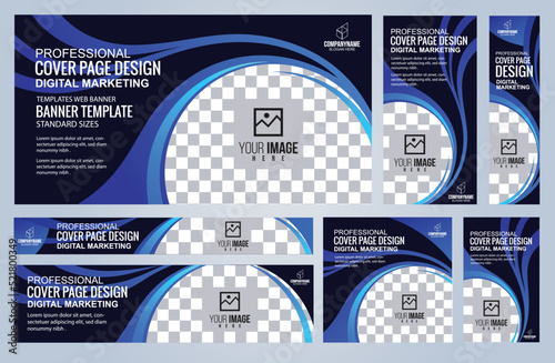 Set of Blue and Black Web banners templates, Coverpage Standard sizes with space. Vector illustration