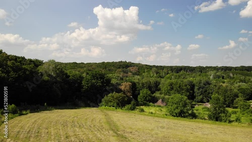 Wooden mills on a green hill near the forest. Rural landscape