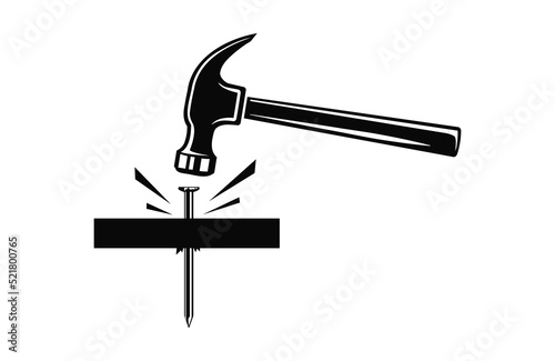 Fototapeta Hammer hitting a nail, carpenters hammer striking metal nail vector illustration