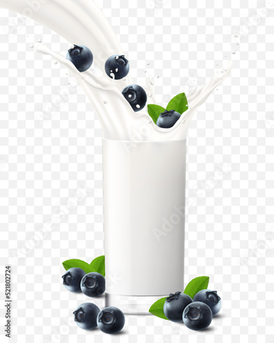 Blueberry falling in a glass of milk or yogurt. Fruit milkshake advertising banner, yogurt jet, white drink in glass cup, Realistic 3d vector illustration, isolated on transparent background.