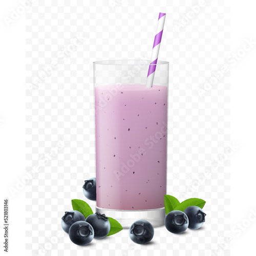 Blueberry juice, cocktail, smoothie or yogurt in glass with straw, isolated on transparent background. Realistic 3d vector illustration