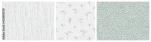 Hand drawn seamless pattern collection. Vector organic, floral and strips texture, endless sketch background set