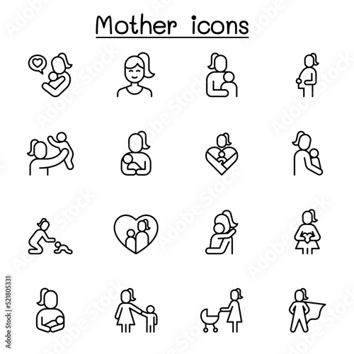Mother icon set in thin line style