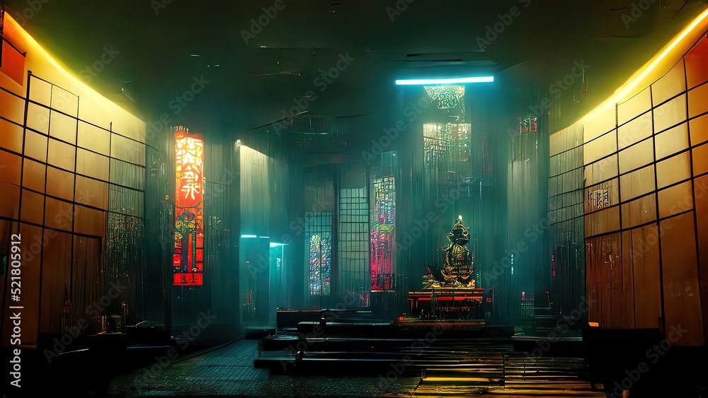 Surreal cyberpunk temple in a futuristic city