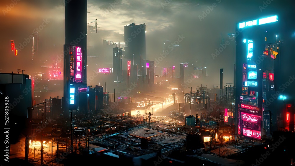 Cyberpunk streets illustration, futuristic city, dystoptic artwork at  night, 4k wallpaper. Rain foggy, moody empty future. Evil buildings Stock  Illustration