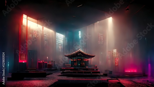 Cyberpunk temple, japanese abstract illustration, futuristic city, dystoptic artwork at night, 4k wallpaper. Rain moody empty future. photo