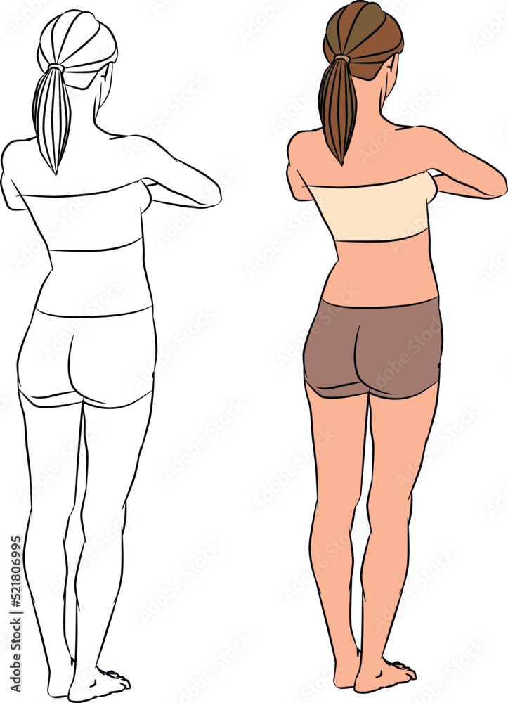 girl stands with her back, hands folded in a namaste pose. yoga. fictional character