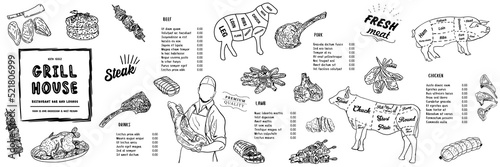 Grill house restaurant menu price template for meat dishes.