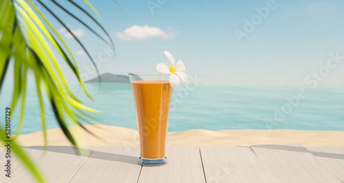 orange juice on wooden table with beautiful beach in sumer, 3d illustration rendering