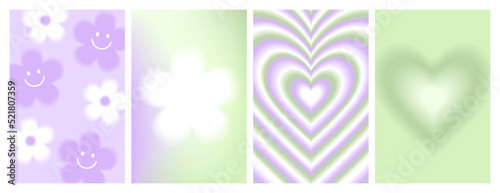 Y2k blurred gragient posters. Heart, daisy, flower, abstract geometric shape in trendy 90s, 00s psychedelic style. Holographic vector background. Lilac, green pastel colors.