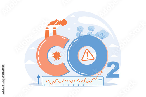 high levels carbon dioxide CO2 atmosphere. Industrial emissions affect changes in carbon dioxide concentration. Causes of climate change on planet. Problems of environment and ecology Illustration