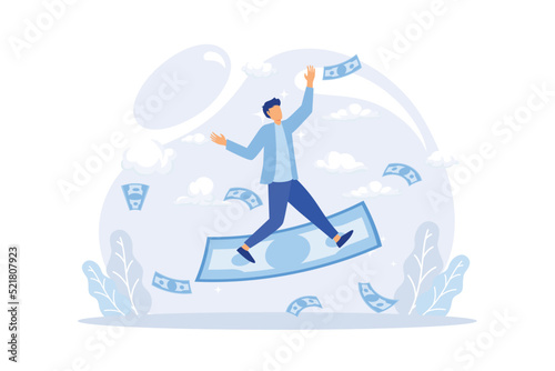 Businessman flying with paper money and clouds on blue background. Vector illustration. Business concept.