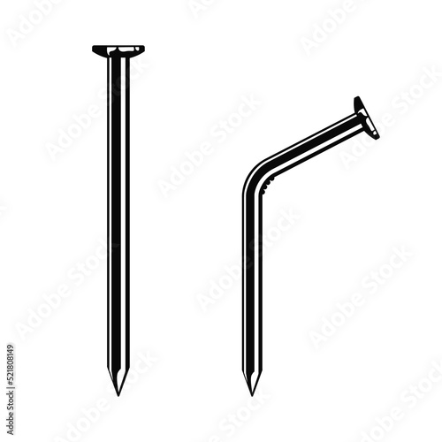 Metal nail symbol, Bent nail vector illustration, Carpenter nail icons photo