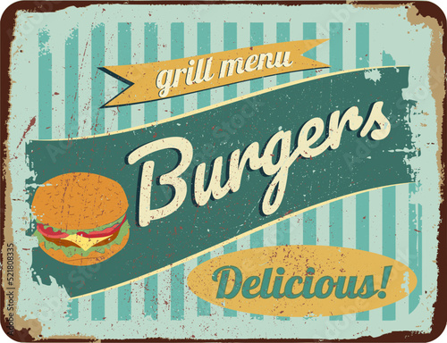 vintage shabby slightly rusty advertising banner. burgers.vector illustration