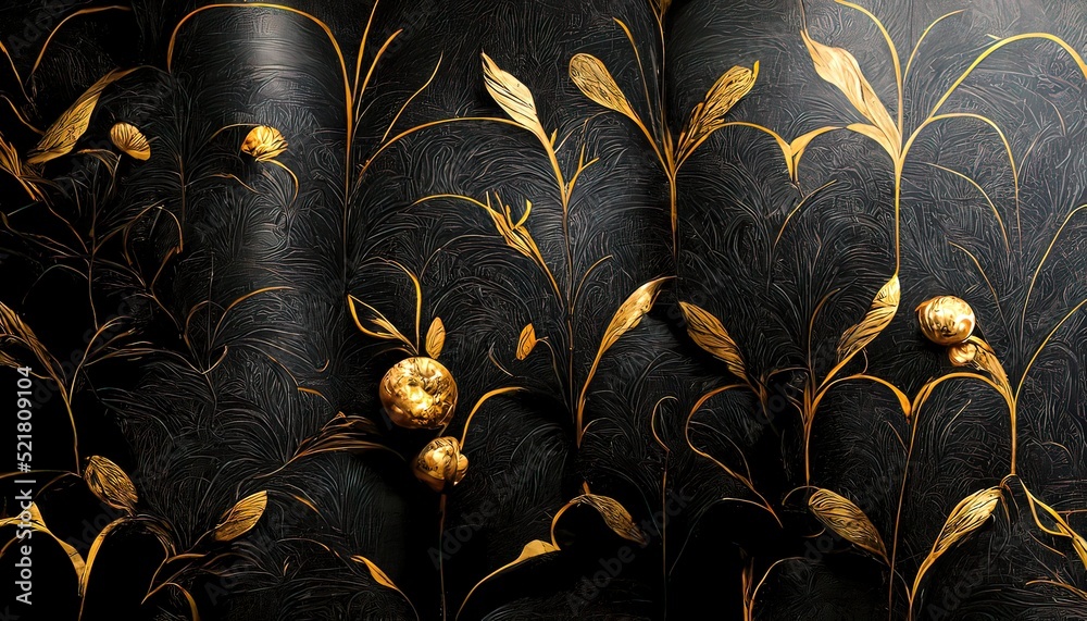 Black and gold, luxury background, floral shapes, black silk texture