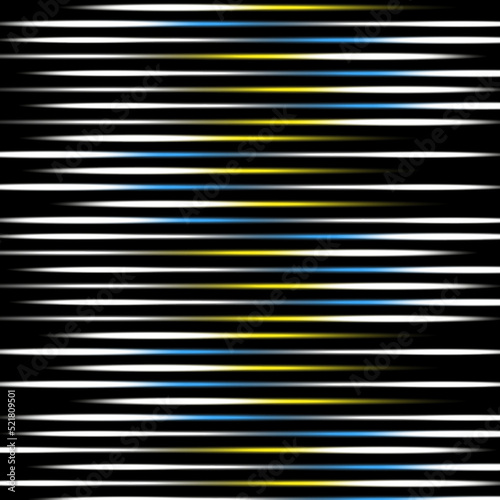Abstraction of colored lines of blue, yellow, white light horizontal movement. Motion blur pattern on black background.