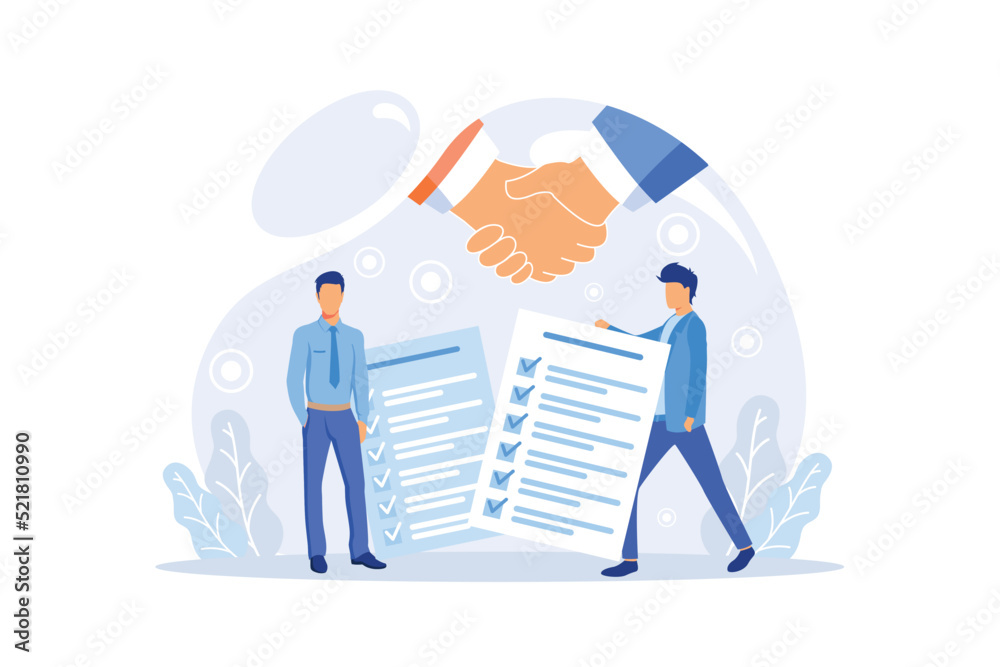 Business people sign contract concept. Characters checking agreement. Corporate document data protection, terms and conditions and privacy policy concept. Business people sign contract concept. Characters checking agreement. Corporate document data protection, terms and conditions and privacy policy concept.