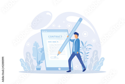 Business people sign contract concept. Characters checking agreement. Corporate document data protection, terms and conditions and privacy policy concept.