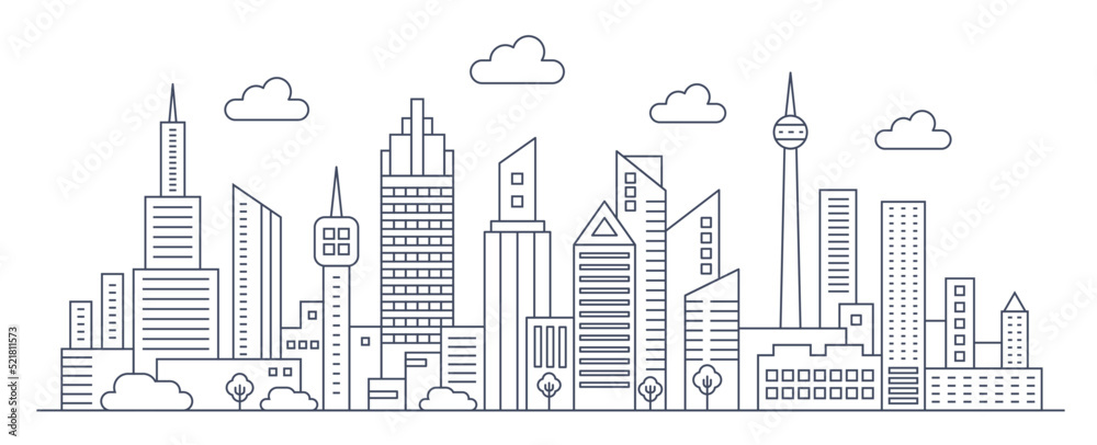 Panorama urban modern city landscape with high skyscrapers, thin line city landscape vector illustration