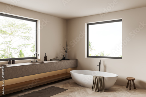 Light bathroom interior with sink and tub  accessories and panoramic window