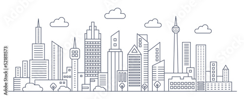 Panorama urban modern city landscape with high skyscrapers, thin line city landscape vector illustration