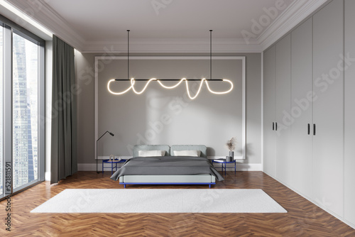 Light bedroom interior with bed and decoration  panoramic window