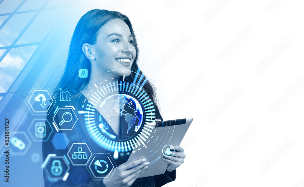 Fototapeta premium Businesswoman with tablet, earth sphere and global network. Copy space