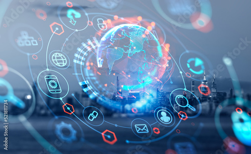 Wallpaper Mural New York cityscape, earth sphere and digital hud with icons, global connection Torontodigital.ca