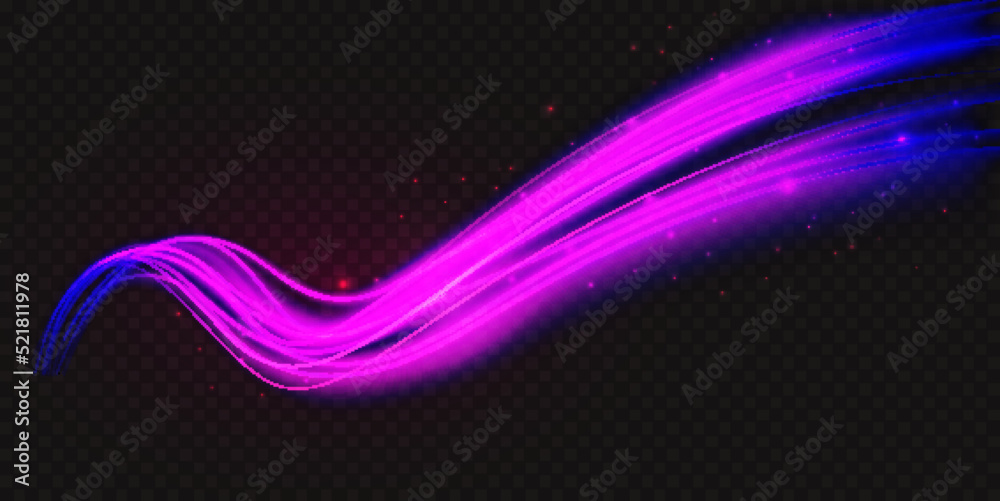 Luminous neon shape wave, abstract light effect vector illustration. Wavy glowing purple violet bright flowing curve lines, magic glow energy motion particle isolated transparent black background.