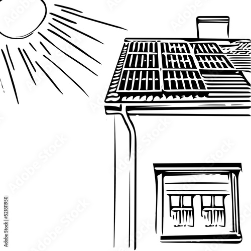 Solar panels on the roof of the house  solar. Simple drawing. Minimalist drawing of a house with solar panels.