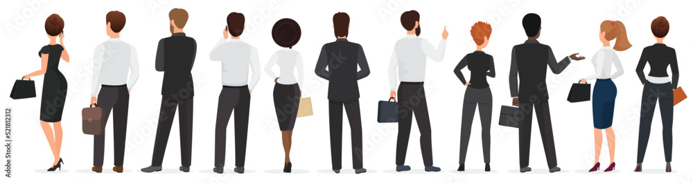 Business people standing with backs set vector illustration. Cartoon different professional corporate employees talk, discussion of team of male and female characters, backside view isolated on white Business people standing with backs set vector illustration. Cartoon different professional corporate employees talk, discussion of team of male and female characters, backside view isolated on white