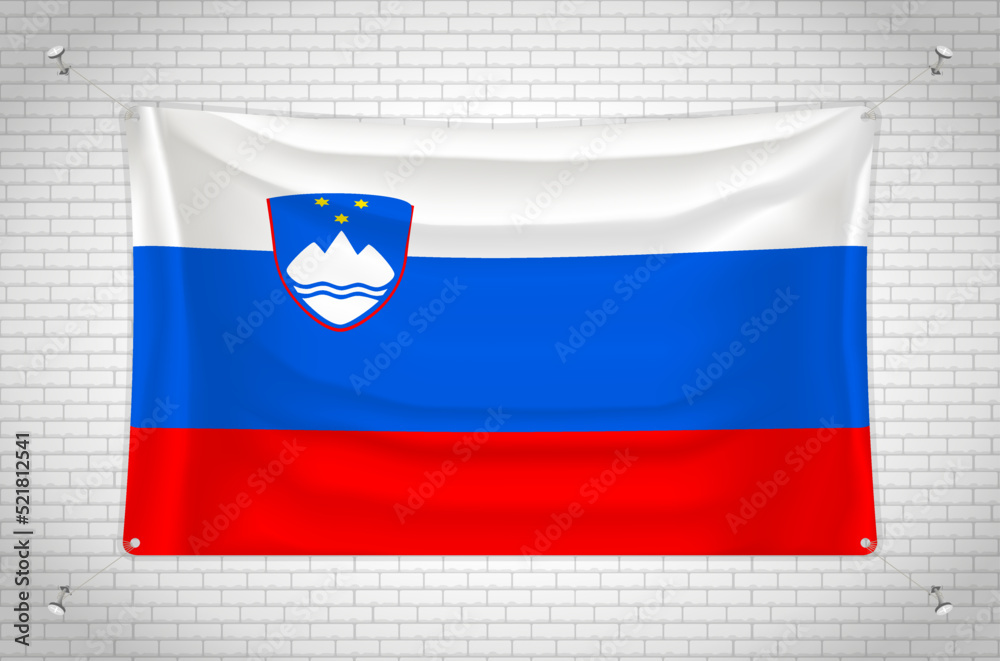 Slovenia flag hanging on brick wall. 3D drawing. Flag attached to the wall. Neatly drawing in groups on separate layers for easy editing.
