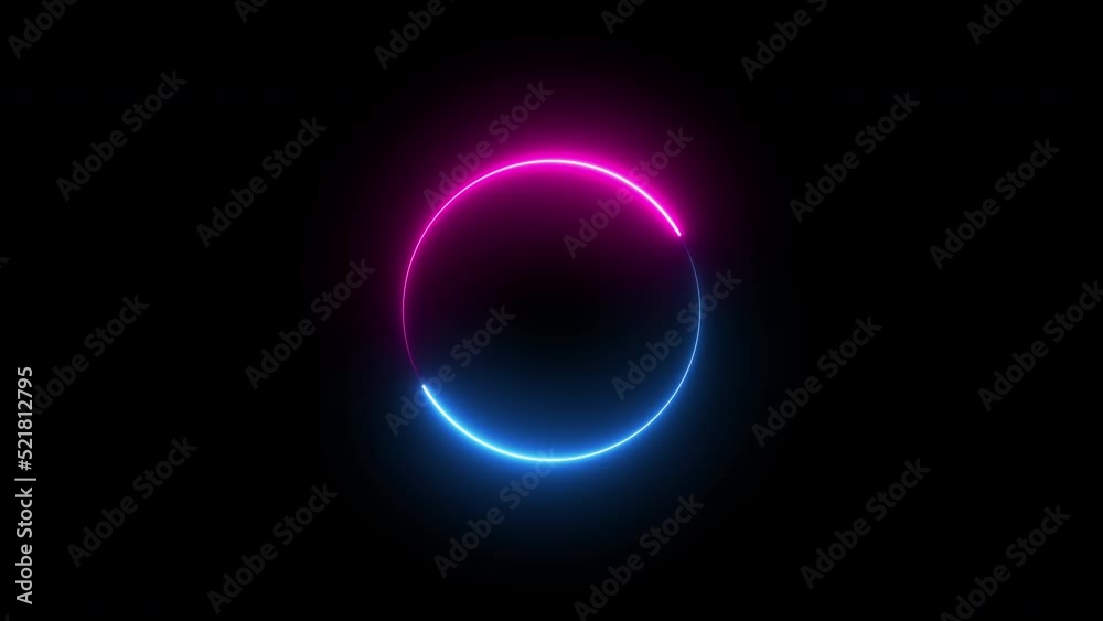 glowing loop neon animation. spin geometric rotation abstract element. light beam dynamic movement laser ring, round eclipse motion power balance space graphic blue and purple shape particle effect