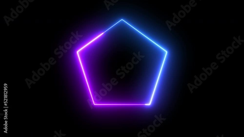 loop neon pentagon frame border, abstract graphic futuristic glow illumination effect, electric fluorescent element modern light technology animation in colorful blue purple disco party shiny footage