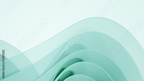 Light green transparent wavy abstraction shape on white background. 3D rendered illustration of trendy modern image in Windows 11 style
