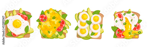 Set of toasts with scrambled eggs, vegetables and herbs. Appetizing breakfast. Cartoon vector graphics.