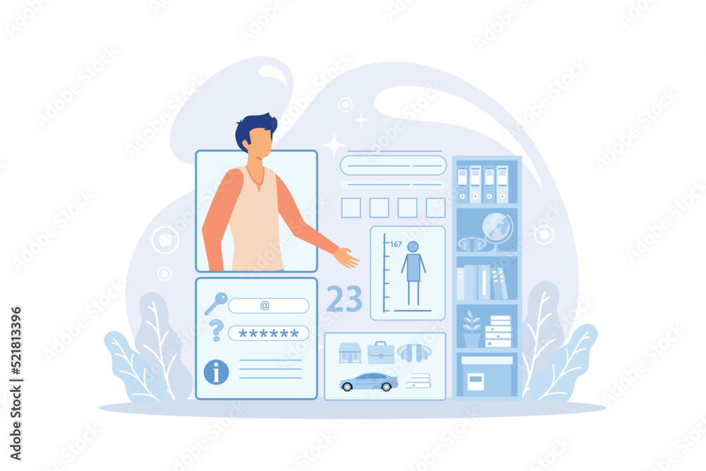 User looking for information in tablet with magnifier. Electronic goods technical assistance guide, manual for computer hardware and software concept, violet palette. Modern Flat Illustration User looking for information in tablet with magnifier. Electronic goods technical assistance guide, manual for computer hardware and software concept, violet palette. Modern Flat Illustration