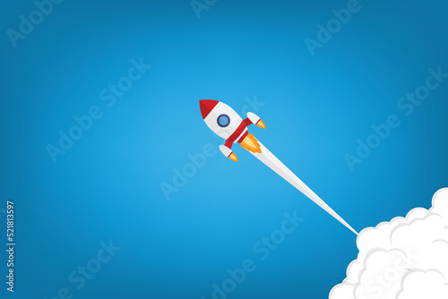 App launch. Startup vector concept, flat cartoon rocket or rocketship launch, mobile phone or smartphone, idea of successful business project start up, boost technology, innovation.