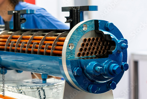Close cross section of oil cooler core heat exchanger for cooling oil system for engine or machine in industrial photo