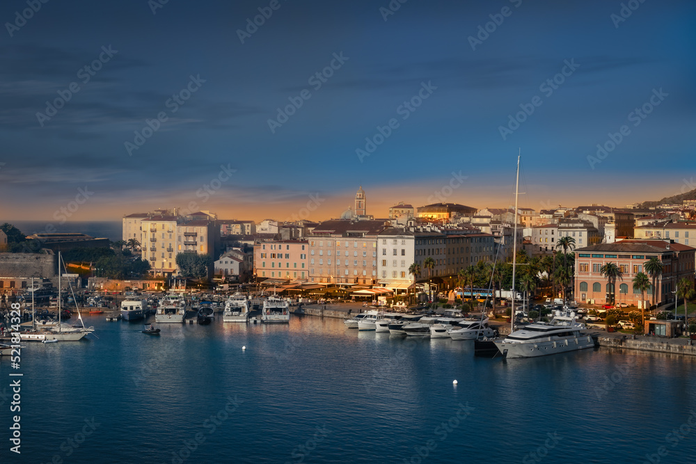 Ajaccio marina and port at night, Corsica Island.