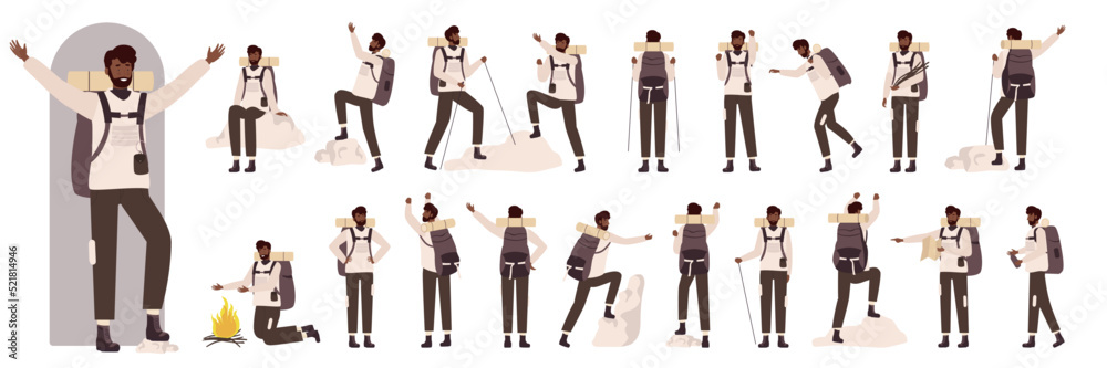 Cartoon man holding map, backpack and hike sticks trekking, climbing on nature rocks, hiker pointing. African american black male tourist character in side, front and back view set vector illustration