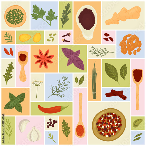 Herbs, spices, condiments and food ingredients set vector illustration. Cartoon dry and fresh plants, top view of wooden spoon or bowl with powder, whole seeds in geometric collage background