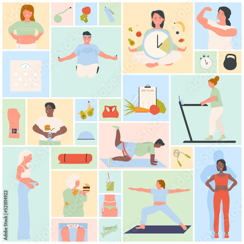 Fat people lose weight set vector illustration. Cartoon skinny man and woman showing transformation before and after losing weight, diet and sports exercises in gym in geometric collage background